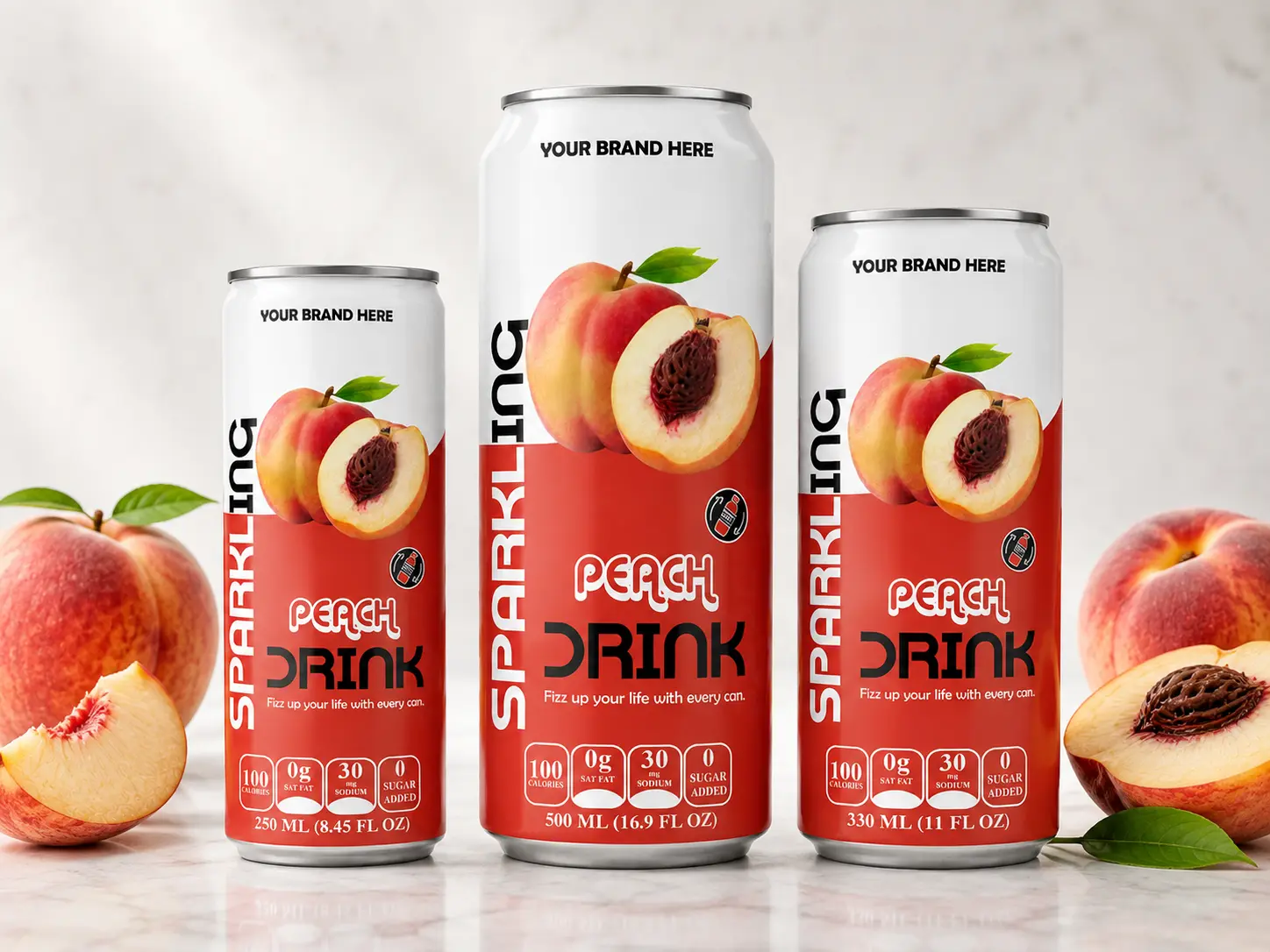 SPARKLING DRINK Peach Flavored Drink in 275ml, 500ml, and 330ml cans.